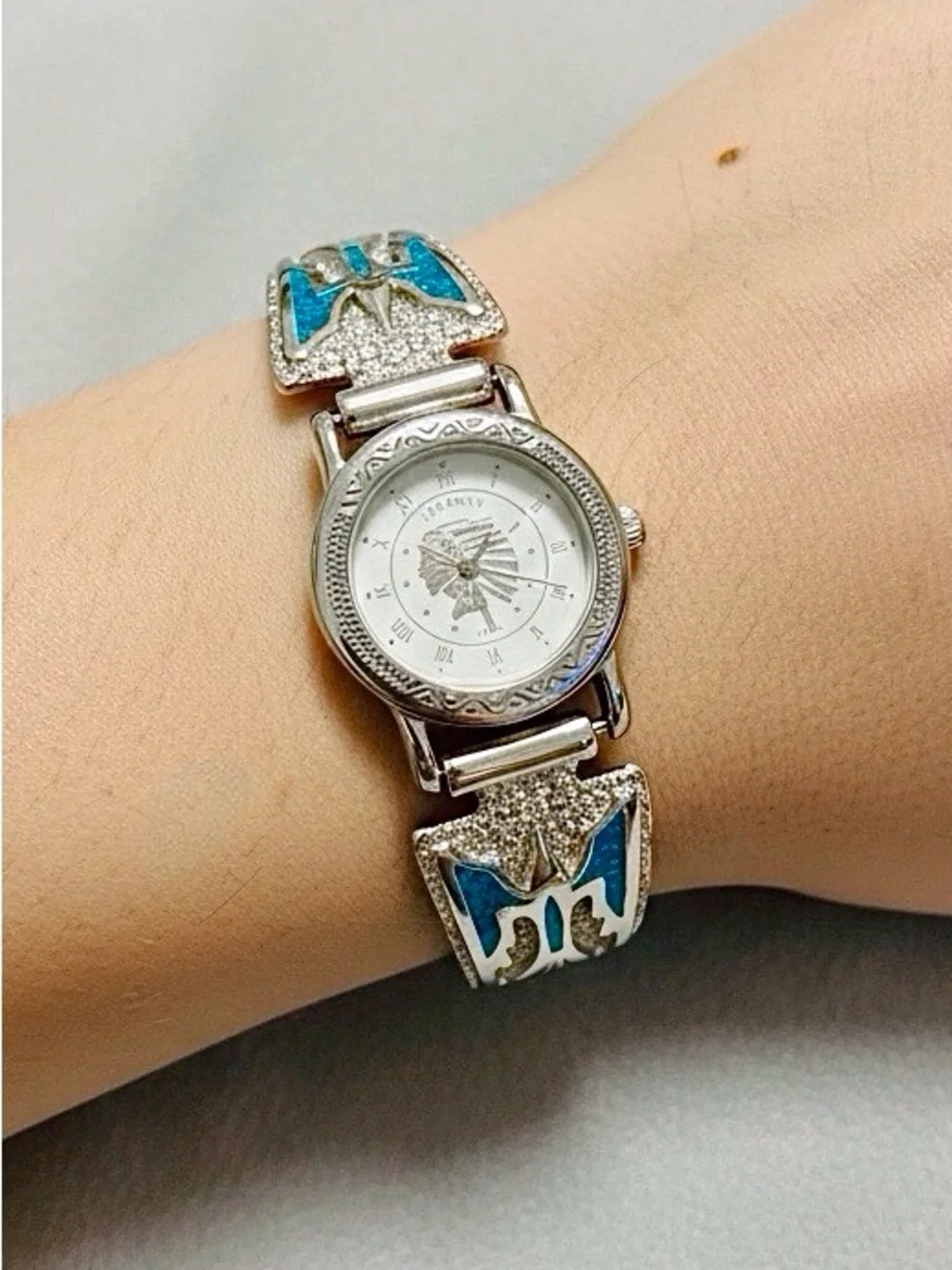 Silver Indian Chief Watch with Sterling Navajo Turquoise Inlay Thunderbird Tips